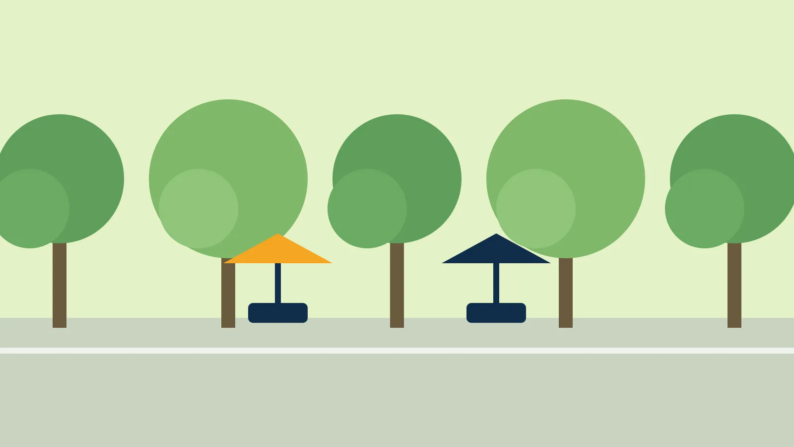 Ilustração de uma rua arborizada com guarda-sóis de café