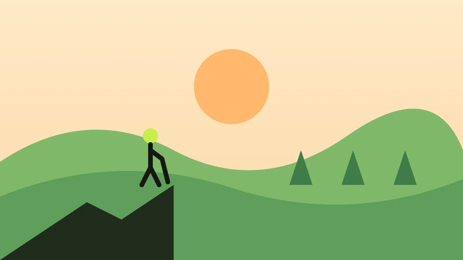 Ilustração de uma pessoa caminhando num morro com o sol se pondo