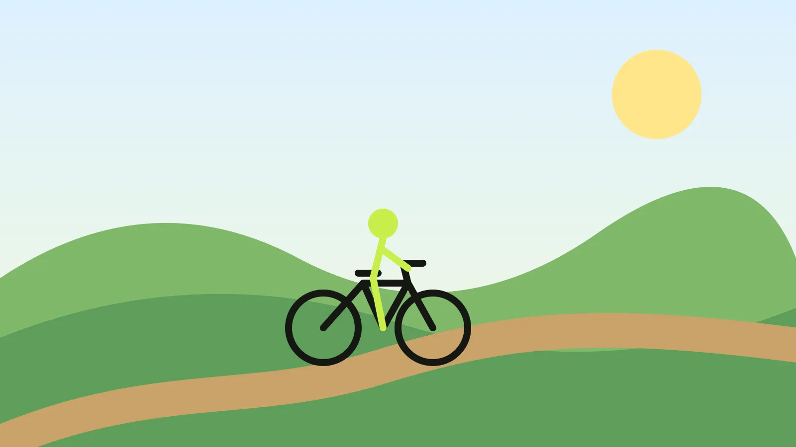 Ilustração de um ciclista numa estrada de terra entre morros verdes